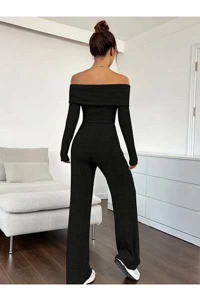 WellWay Madonna Collar Camisole Jumpsuit - Long Sleeve, Raster, Black