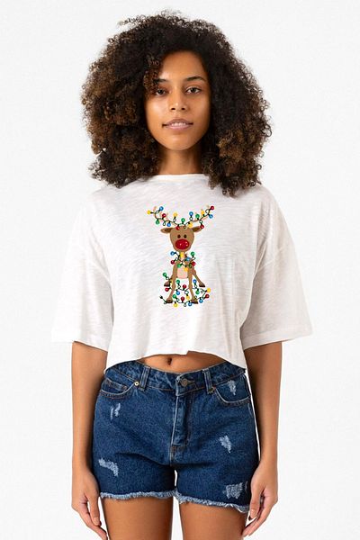 Tshirthane Adorable Reindeer Christmas White Melted Women's Crop Tshirt