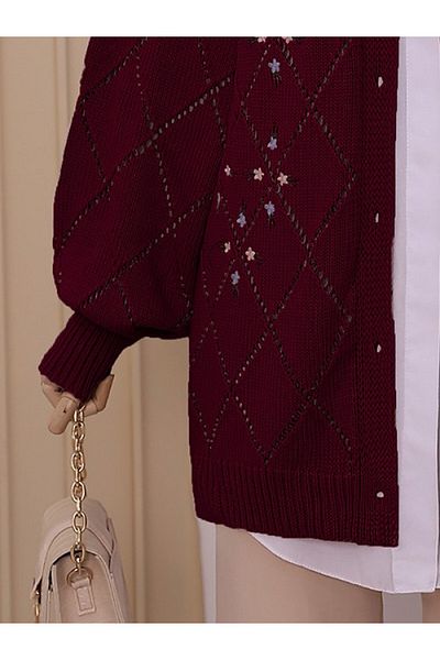 Modamorfo Openwork Floral Embroidered Buttoned Knitwear Cardigan - Burgundy