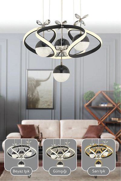 VENON Octavia Controlled 3 Color Light Featured Modern Black Pendant Lamp Led Chandelier Living Room Chandelier