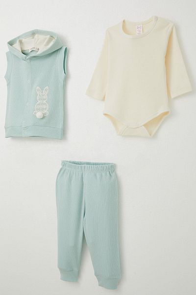 Breeze Baby Girl Bodysuit 3 Piece Set with Rabbit Embroidered Pompom 4 Months-1 Years, Water Green