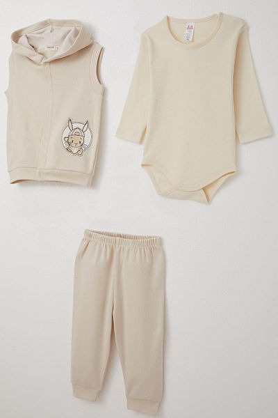Breeze Baby Boy Bodysuit 3 Piece Set with Cute Rabbit Emblem 4 Months-1 Years, Beige