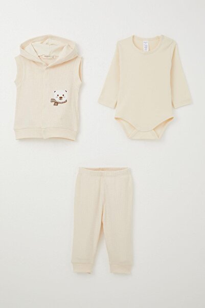 Breeze Erkek Bebek Zıbınlı 3 Lü Takım Sevimli Ayıcık Nakışlı Kapüşonlu 4 Ay-1...