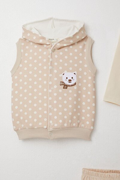Breeze 3-Piece Set with Bodysuit for Baby Boy - Cute, Embroidered Hood, Beige, 4 Months-1 Years