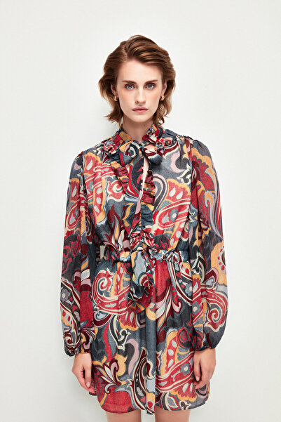 adL Uzun Kol Desenli Mini Şifon Elbise