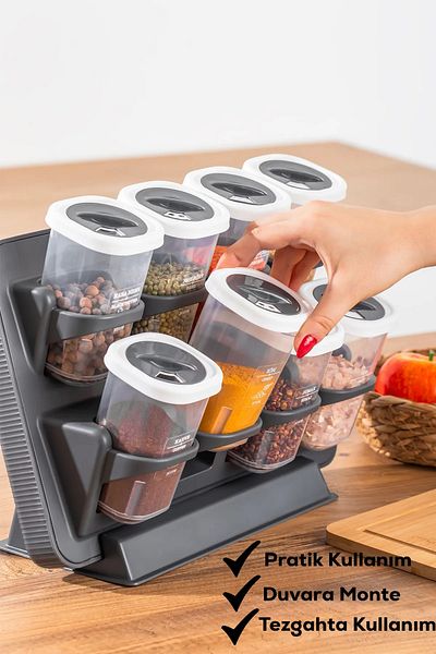Home Henna 8-Piece Label Hanging Self-Adhesive Countertop Stand Swivel Lid Spice Rack Set