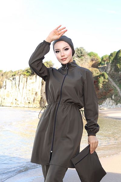 new ats Set of 4 Hijab Swimsuits - Adjustable Elastic Waist, Khaki