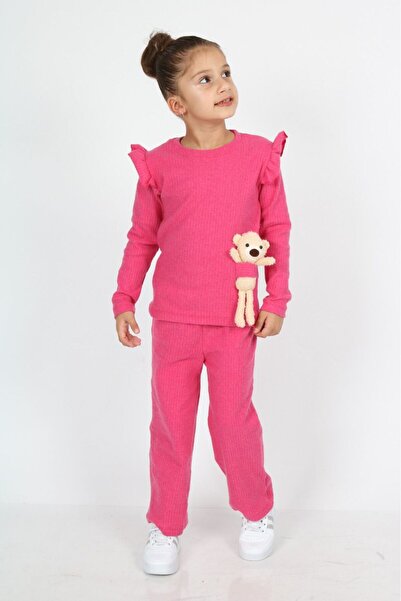 renkli diyar Girl's Top and Bottom Set Long Sleeve Blouse Loose Flared Leg Pants and Teddy Bear Set