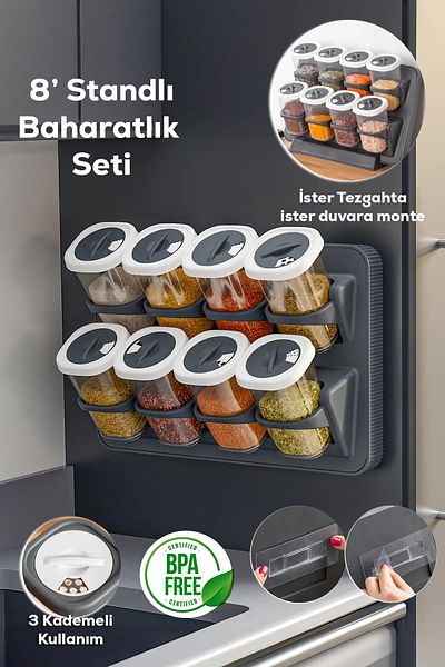 Home Henna 8-Piece Label Hanging Self-Adhesive Countertop Stand Swivel Lid Spice Rack Set