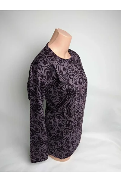 YAŞAR TRİKO Women's Lilac Print Crew Neck Long Sleeve Seasonal Lizy Mother Combed Cotton T-shirt Blouse with Slits on the Sides