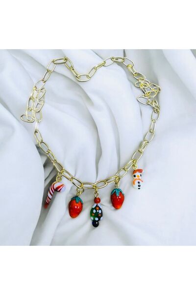 nazarboncuğu Yılbaşı Temalı Kardanadam  Şeker Ağaç Çilek Charmlı Kolye
