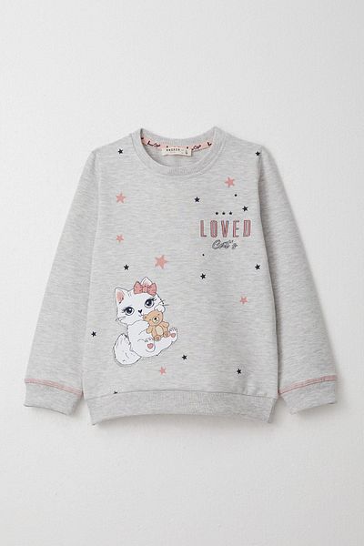 Breeze 1.5-5 Years Old Girl's Tracksuit Set - Cute Kitten Printed, Light Gray Melange