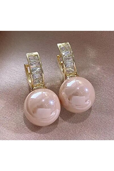 reyselstyle ALTIN KAPLAMA ZİRKON TAŞLI LÜKS PEMBE İNCİLİ KÜPE