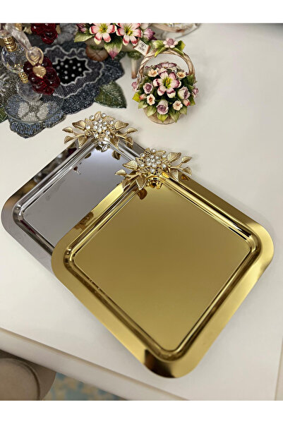 hediye ESTERHOMEDECOR 6’lı taşlı gold kare sunum tepsisi 22cm