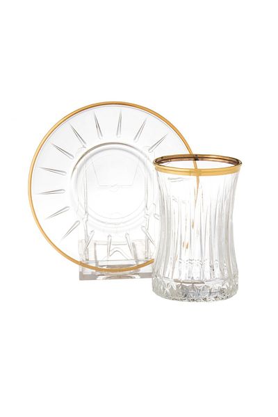 Pasabache Alicia glass tea cup set, 6 cups + 6 saucers, with golden decor