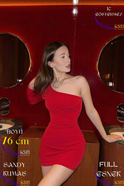 KaSheHa Kırmızı Sandy Kumaş Tek Kol Bele Oturan Mini Elbise 76 Cm