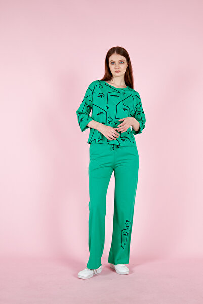 Women's Cotton Combed Pants Set Summer Half Sleeve 23066 Green