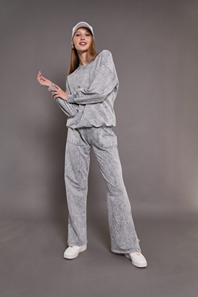 PONÇİK Γυναικείο Σετ Φόρμας που Πλένεται - Υπερμεγέθη με Τσέπες, Γκρι 2 Νημάτ...