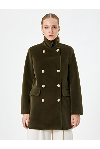 Koton Kaşe Kaban Kruvaze Gold Düğmeli Dik Yaka Kapaklı Cepli