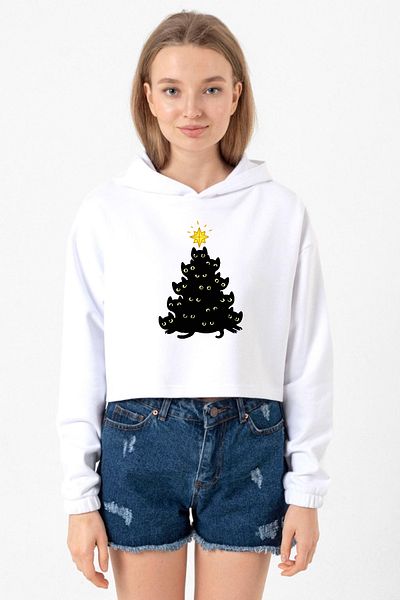 Tshirthane White Optical Women's Crop Hoodie - Meowy Christmas