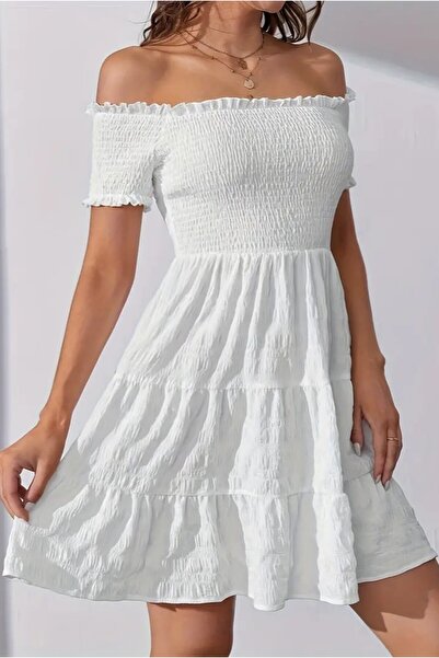 Siyah Kadın Astarlı Beyaz Karmen Yaka Kolu Ve Göğüsü Gipeli Eteği Çift Fırfırlı Kiloş Elbise 90 Cm