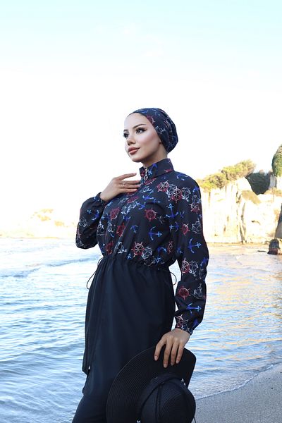 new ats Σετ 3 κόκκινα μαύρα μαγιό Hijab - Μοτίβο άγκυρας, ρυθμιζόμενη ελαστική μέση
