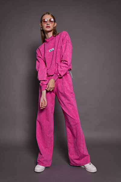 PONÇİK Kadın Yıkamalı 2 İplik Eşofman Takımı Cepli Beli Büzgülü FUŞYA 24529