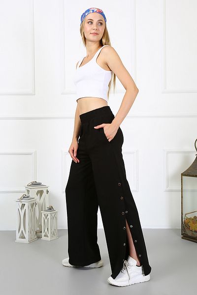 PONÇİK Women's Two Thread Combed Wide Leg Trousers with Side Snap Pockets 23529 - black