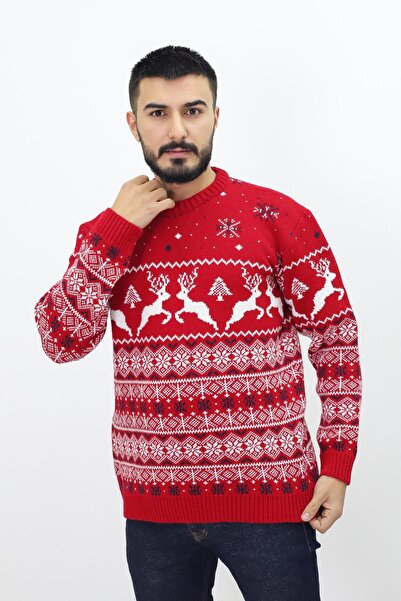 KURGAN TEKSTİL Pulover pentru bărbați, cu mânecă lungă, cu decolteu, cu tematică de Anul Nou