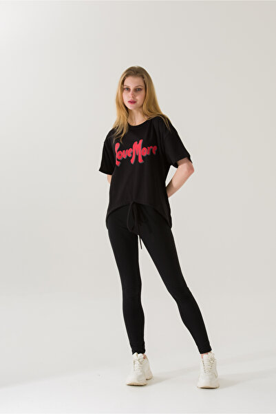 PONÇİK Kadın Love More Siyah Baskılı T-shirt 21010