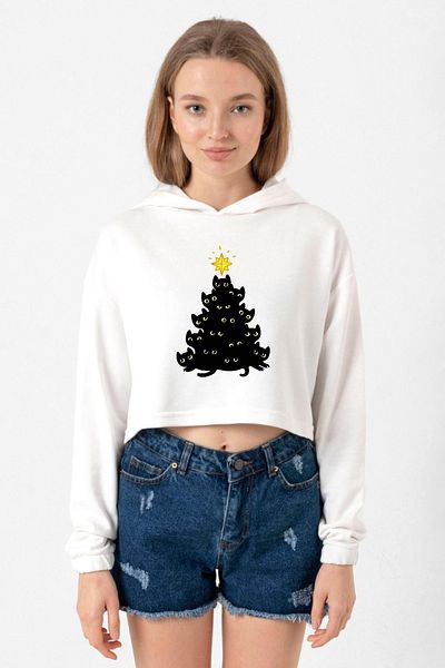 Tshirthane Meowy Christmas Ecru Women's Crop Hoodie