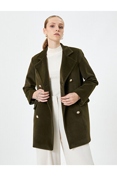 Koton Kaşe Kaban Kruvaze Gold Düğmeli Dik Yaka Kapaklı Cepli