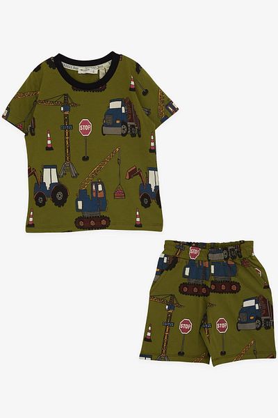 Breeze Boy's Pajama Set with Shorts, Heavy Equipment Patterned, Age 2-6, Khaki Green