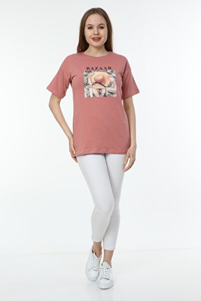PONÇİK Kadın Bazaar Baskılı Gül Kurusu T-shirt 20093