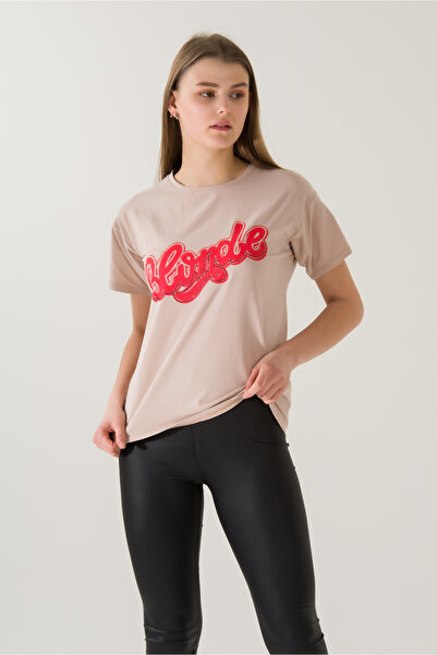 PONÇİK Γυναικείο μπλουζάκι με στάμπα με ξανθό χρώμα 21005