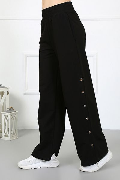PONÇİK Women's Two Thread Combed Wide Leg Trousers with Side Snap Pockets 23529 - black