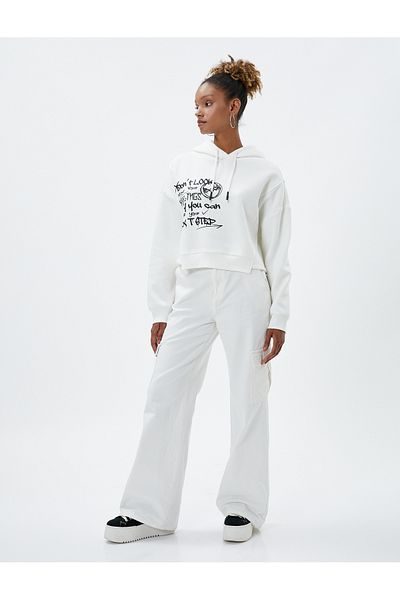 Koton Raster Hooded Sweatshirt Slogan Printed Asymmetrical Cut
