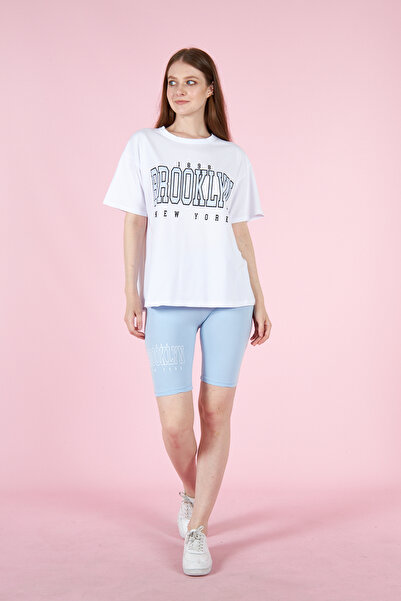 PONÇİK Kadın Oversize Tişort Ve Taytlı Spor Takım Pamuklu 23008 Mavi