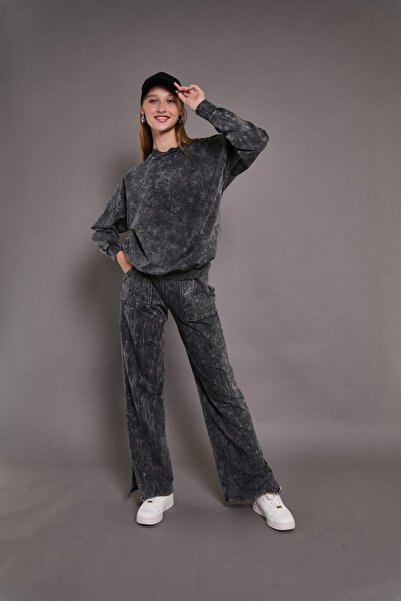 PONÇİK Μαύρο Oversize Γυναικείο Σετ Φόρμας Αθλητικής Ένδυσης από 2 Νήματα - Π...