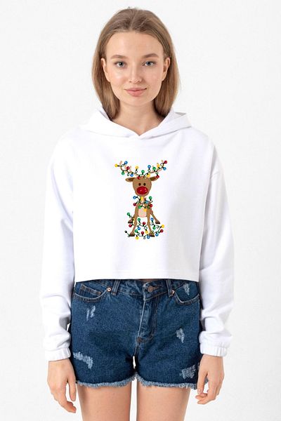 Tshirthane White Optical Women's Crop Hoodie - Adorable Reindeer Christmas