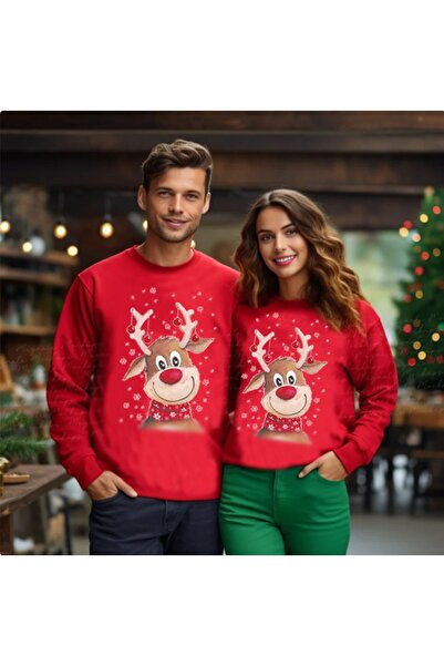 WOODROFFE سويت شيرت أحمر كبير الحجم مطبوع عليه عيد الميلاد ورقبة دائرية للزوج...