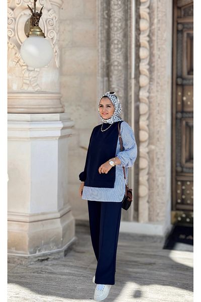 Aselim Hijap Moda Σετ Navy Blue Double - Πουκάμισο σε γραμμή