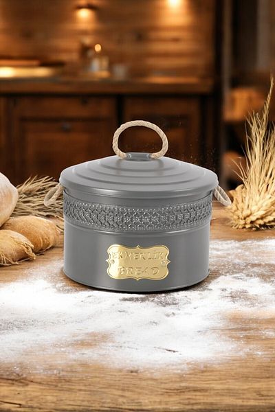 Turkco Metal Bread Holder with Vintage Pattern Rope Handles, Bread Storage Container with Lid, 27X27X19Cm