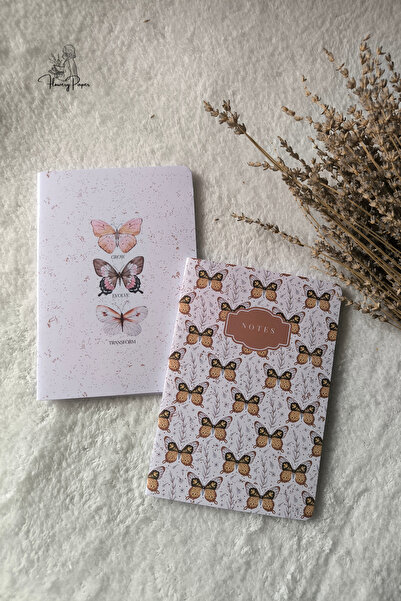 Flowery Paper Kelebek Model 2'li Zımbalı Defter, 32 sayfa, Not Defteri, A5 ,N...