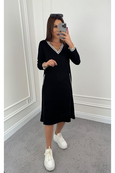 İpeksi Silky Women's Long Sleeve V Neck Stripe Detail Midi Viscose Two Thread Dress with Pockets