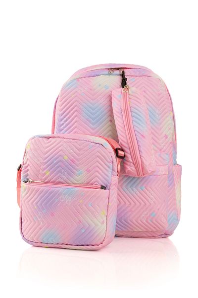 Ecrou 3 Pieces Zigzag Embossed Pink Dinner Bag, Pencil Case, Backpack