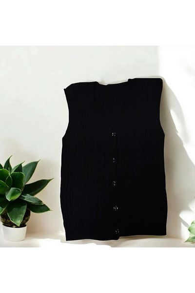 ÇEÇEN HOME (2 Pieces) Women's V-Neck Button Pocket Knitted Wool Knitwear Mother Short Vest