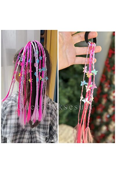 Queen Nelly 5 örgülü parlak kelebekli süslü postiş çocuk lastik toka pembe  fuşya takma saçlı sarkıt
