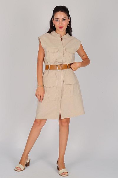 FACETTE Beige Linen Dress - Pocket Detail and Belt