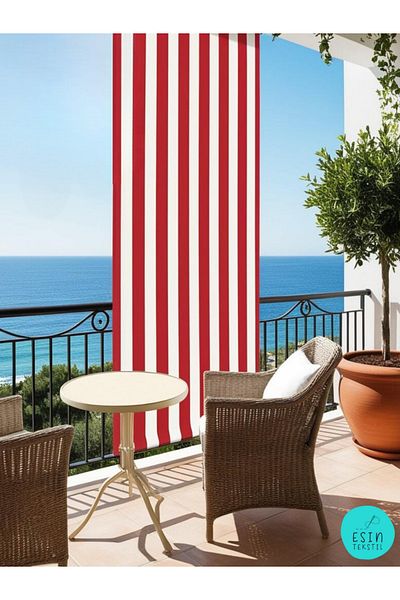 esin tekstil Red and White Striped Balcony Curtain with Cornice - Luxury Tailored Tarpaulin